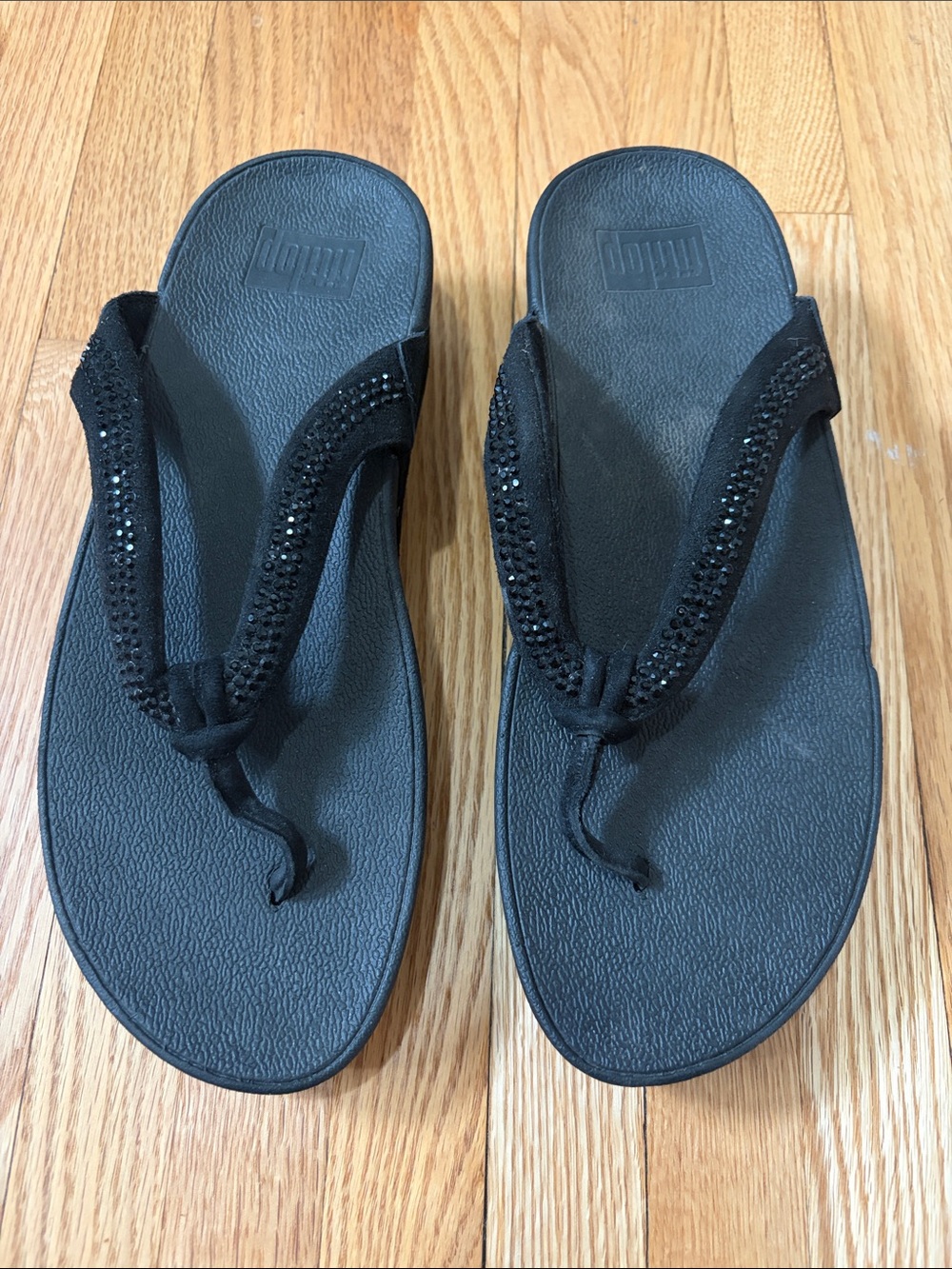 Fitflop Black Rhinestone Strap Flip Flops